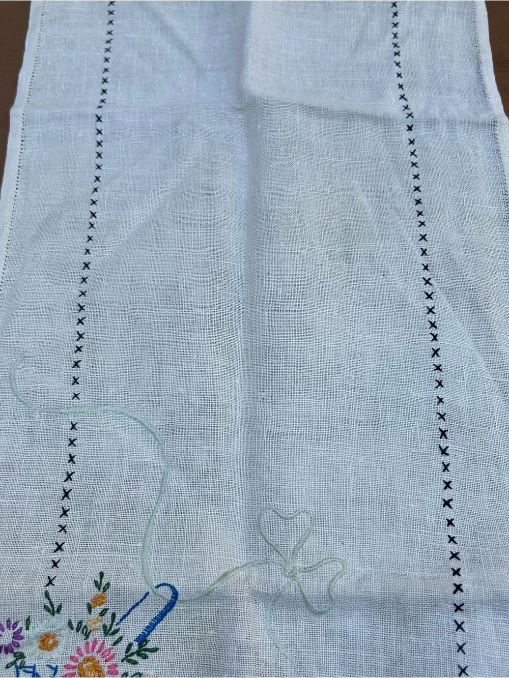 Vintage Hand-embroidered Runner Basket Floral Cross Stitch 40